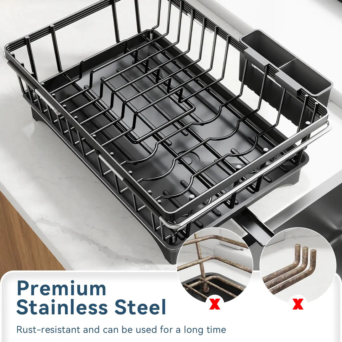 MiAoLi Over the Sink Expandable Stainless Steel Dish Drainer Drying Rack - Smooth, Slide-Adjustable, Rubber-Grip, Farmhouse-Style Compact Holder for Small Kitchen Counter Space Saving, Ideal Gift, Hollow, Kitchen Accessories, Fingerprint Resistant, Organi