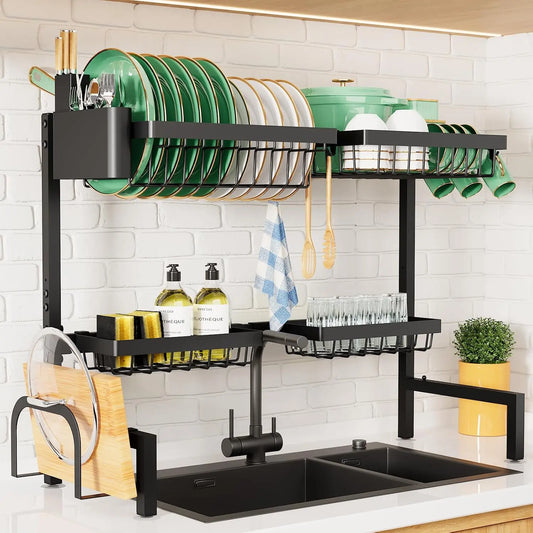 Adjustable Over The Sink Dish Drying Rack, 26.8" -33.9"x21.5" | Sink Drying Rack for Kitchen Sink, Dish Rack Over Sink with Cutlery & Utensil Holders, Kitchen Storage, Black