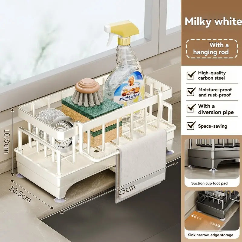 Kitchen Sink Supplies Organizer Essential, Household Dish Cloth Drain Rack Faucet and Sink Caddy, Washing Basin Side Organizer, No Installation Ready to Use, One Rack Stores Cloths, Brushes, Dish Soap and All Cleaning Tools