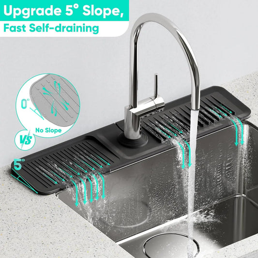 Modern Silicone Faucet Mat - 24-Inch Longer Rectangular Water Splash Guard for Kitchen Use, 5° Slope Fast Self-Draining, Tidy Single Black Home Decor Mat