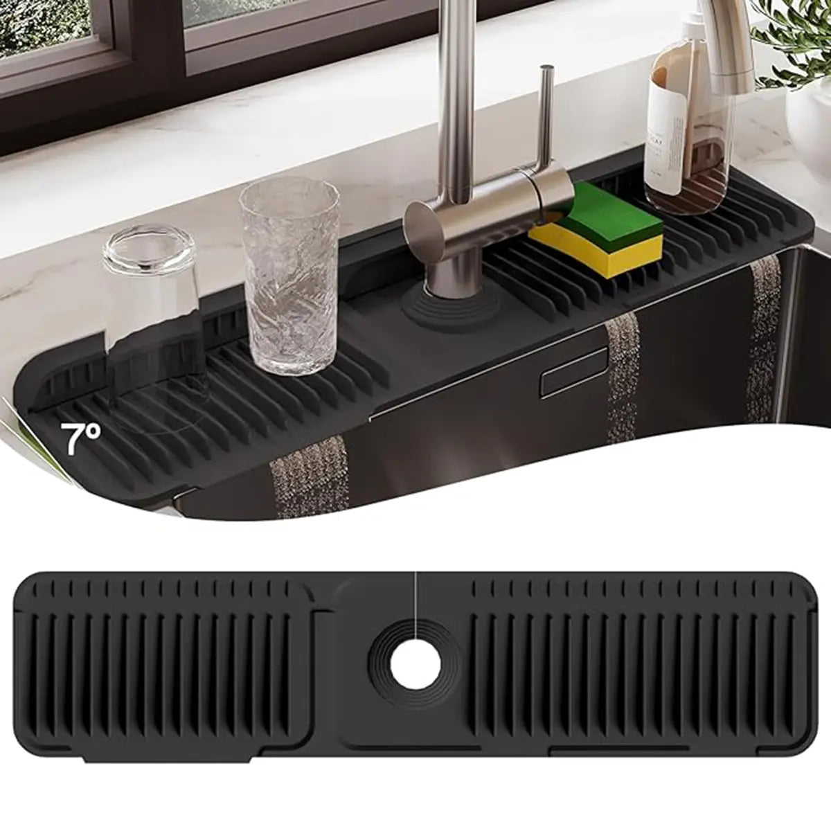24in Wide Cover Silicone Kitchen Sink Faucet Mat, 5° Slope Fast Self-Draining Splash Guard, Toothbrush Shelf for Sink Area Tidying, Durable For Daily Use