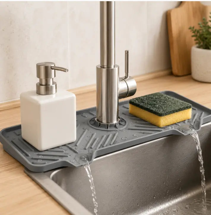 Silicone Faucet Handle Drip Catcher Tray, Sink Splash Guard with Sponge & Dish Soap Holder for Kitchen and Bathroom, Gray