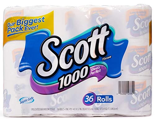 Scott 1000 Toilet Paper, 8 Rolls, Septic-Safe, 1-Ply Toilet Tissue