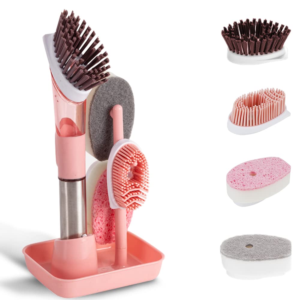 4-in-1 Dish Cleaning Brush Soap Dispensing Dish Brush Set with 4 Replacement Heads and Storage Holder, Kitchen Scrub Brush for Dish Pot Pan Sink Cleaning (Grey)