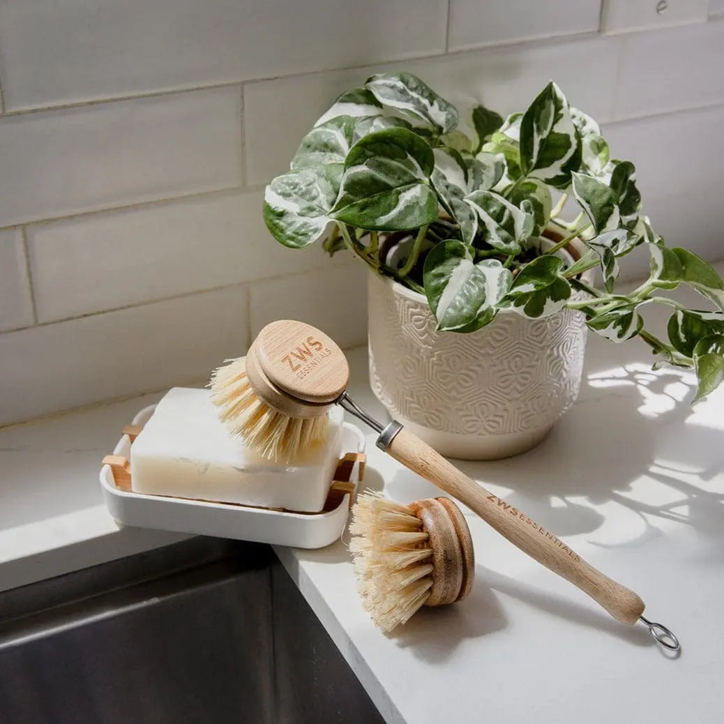 Long-Handled Bamboo Dish Brush with Reusable Handle and Replaceable Compostable Head, Plastic-Free, Eco-Friendly, Dish Washing Tool, Cleaning