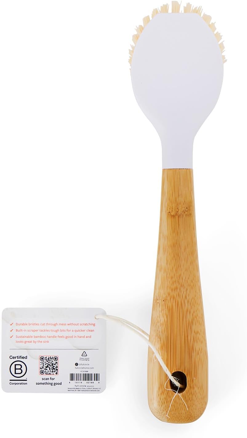 Full Circle Kitchen Dish Brush, Bamboo Handle & Strong Bristles, White 1pk