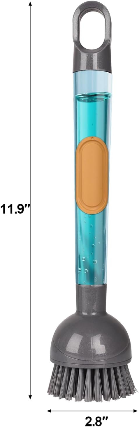 Soap Dispensing Dish Brush with Handle, 360° Rotating Head, 5-Piece Kitchen Cleaning Set (2 Brush Heads & 3 Sponges), Non-Scratch Scrubber for Pot, Pan, Sink, Leak-Proof Dishwand, Grey