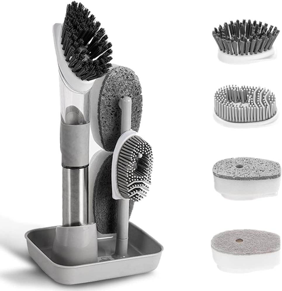 4-in-1 Dish Cleaning Brush Soap Dispensing Dish Brush Set with 4 Replacement Heads and Storage Holder, Kitchen Scrub Brush for Dish Pot Pan Sink Cleaning (Grey)