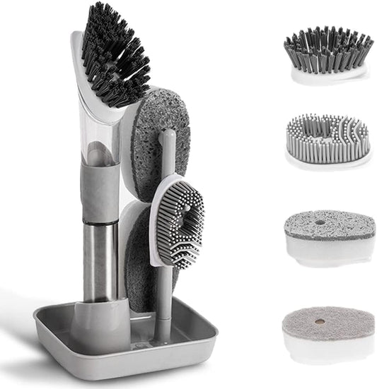 4-in-1 Dish Cleaning Brush Soap Dispensing Dish Brush Set with 4 Replacement Heads and Storage Holder, Kitchen Scrub Brush for Dish Pot Pan Sink Cleaning (Grey)
