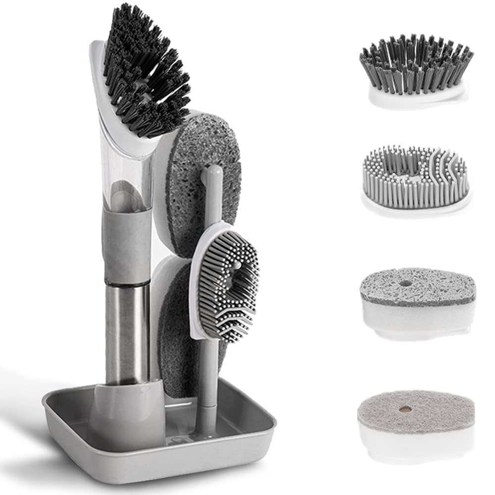 4-in-1 Dish Cleaning Brush Soap Dispensing Dish Brush Set with 4 Replacement Heads and Storage Holder, Kitchen Scrub Brush for Dish Pot Pan Sink Cleaning (Grey)
