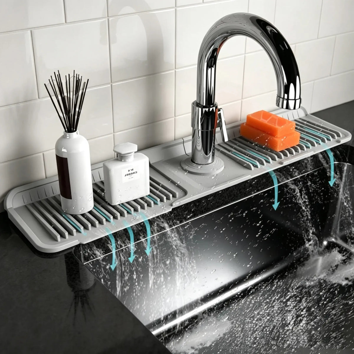 Kitchen Silicone Sink Faucet Mat - Upgraded Angled Fast Drain Trimmable Hole Protection Mat, Quick Dry Stone Tray, Drip Collector, Water Splash Guard for Kitchen Sinks