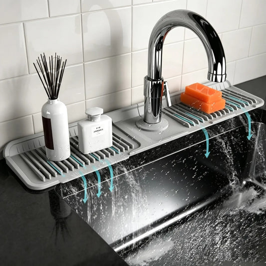 Kitchen Silicone Sink Faucet Mat - Upgraded Angled Fast Drain Trimmable Hole Protection Mat, Quick Dry Stone Tray, Drip Collector, Water Splash Guard for Kitchen Sinks