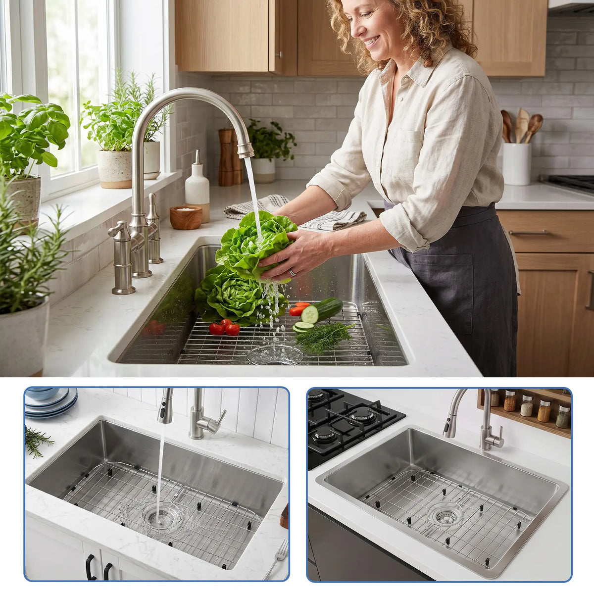 【IdealHouse】 Rectangular Foldable Stainless Steel Sink Rack, 26x14.1in Sink Protector Grid with Center Drain Hole, Soft Rubber Feet, Bumpers, Scratch-Proof Dish Drying Rack for Kitchen Use, Foldable Grid