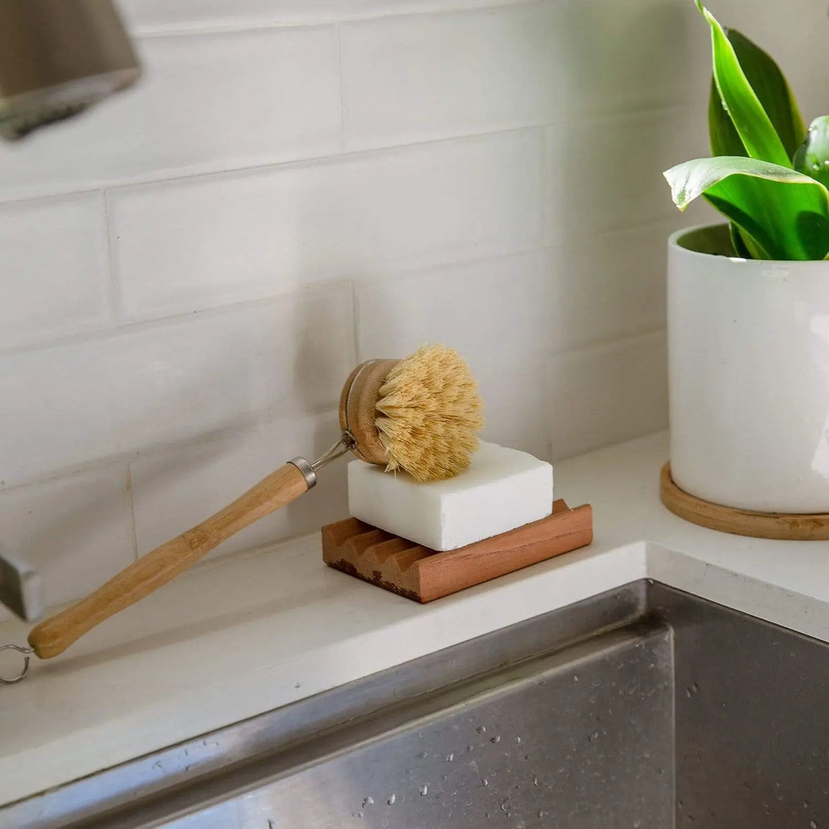 Long-Handled Bamboo Dish Brush with Reusable Handle and Replaceable Compostable Head, Plastic-Free, Eco-Friendly, Dish Washing Tool, Cleaning