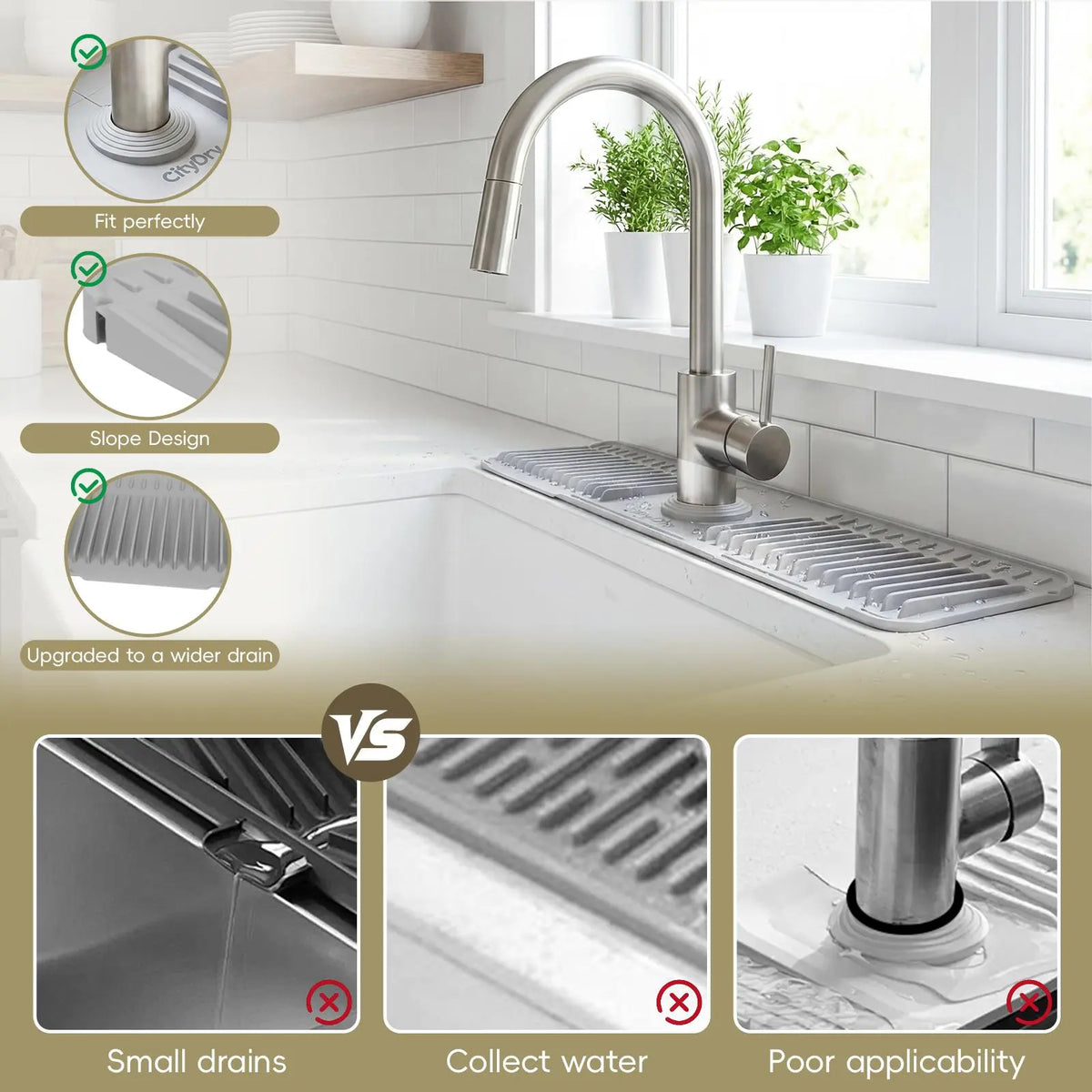 Kitchen Sink Faucet Mat, Silicone Folding Splash Guard, Draining Mat with Button Lock, Sink Faucet Protector, Sink Accessories for Kitchen.Summervibes