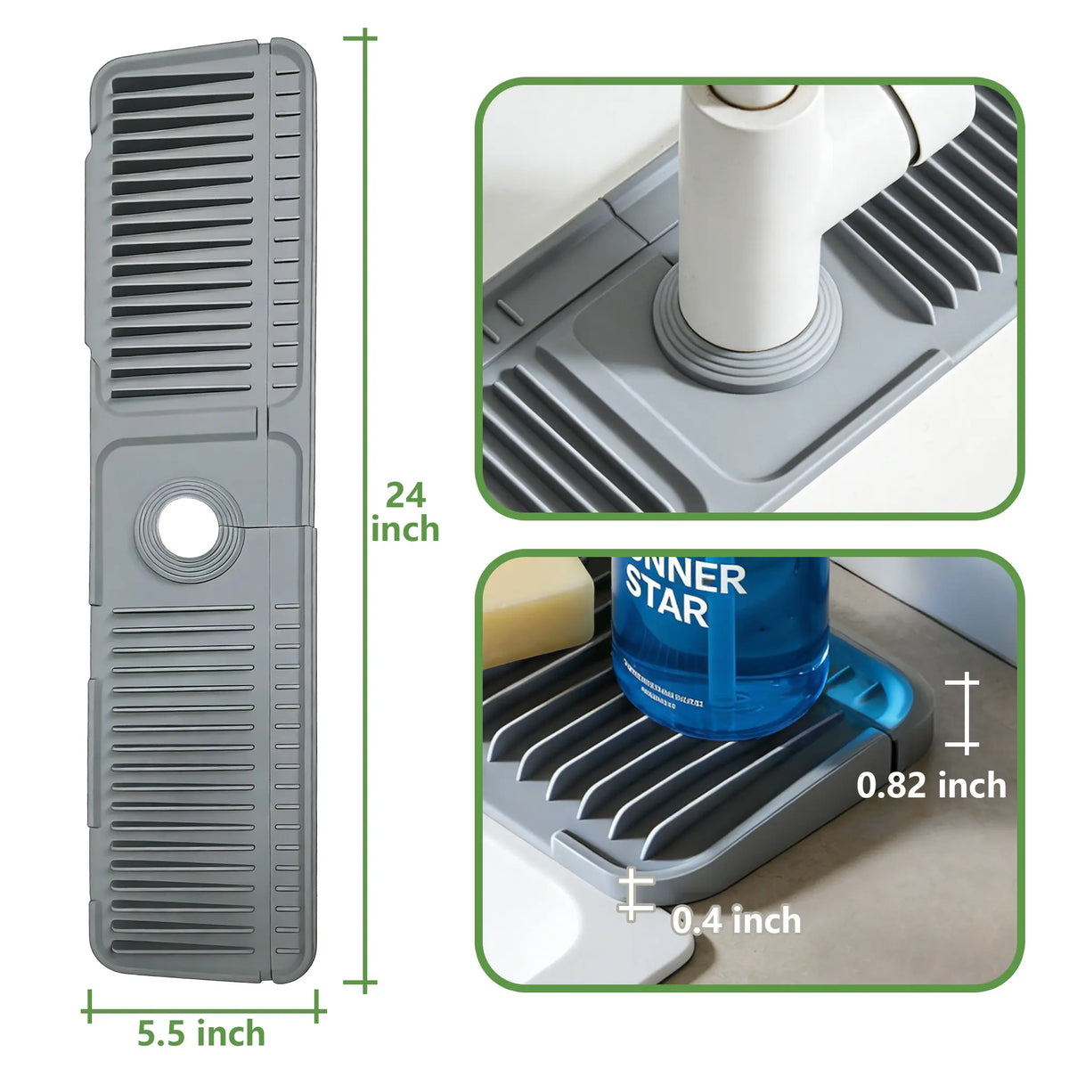 Kitchen Silicone Sink Faucet Mat - Upgraded Angled Fast Drain Trimmable Hole Protection Mat, Quick Dry Stone Tray, Drip Collector, Water Splash Guard for Kitchen Sinks