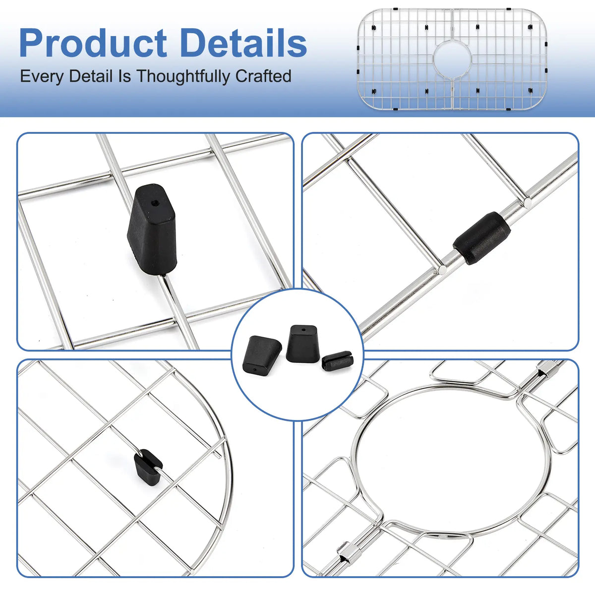 【IdealHouse】 Rectangular Foldable Stainless Steel Sink Rack, 26x14.1in Sink Protector Grid with Center Drain Hole, Soft Rubber Feet, Bumpers, Scratch-Proof Dish Drying Rack for Kitchen Use, Foldable Grid