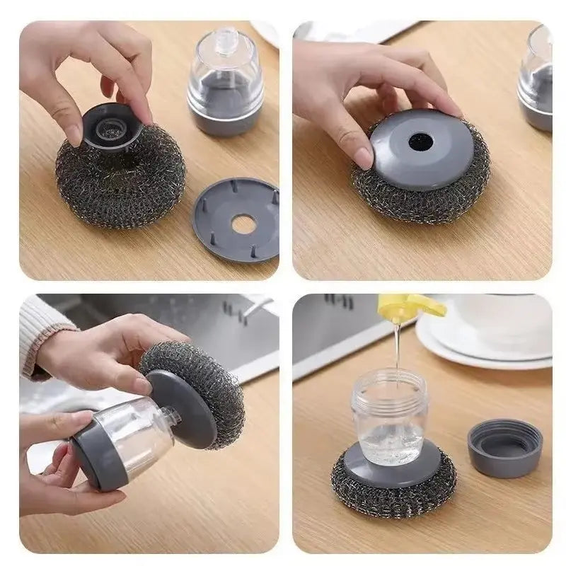 Palm Handle Automatic Liquid-Filling Plastic Soap Dispensing Brush - Sponge-Integrated Kitchen Home Cleaning Tool with Squeegee, Detachable Head Clean, Removable Washable for Sink Stove Tough Stain Grease Removal, Gentle Soap Flow