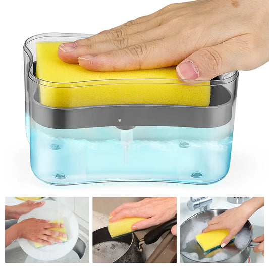 Gray Plastic 2-in-1 Soap Dispenser Pump & Sponge Holder Combo, Large Capacity Kitchen Accessories with Drip Tray & Caddy, 1-Hand Operation Liquid Soap Dispenser for Organized Countertops, Set Soap Dispensers