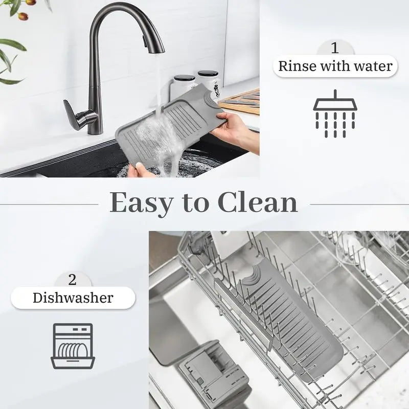 TerraGlow Living 24x5.5" Rectangular Silicone Kitchen Sink Faucet Water Splash Guard, 5° Slope Fast Self-Draining, Leakproof Secure Eco-Friendly, Customizable Hole & Button Design, Food-Grade Durable Easy-to-Clean Home Supply, Dishwasher Safe
