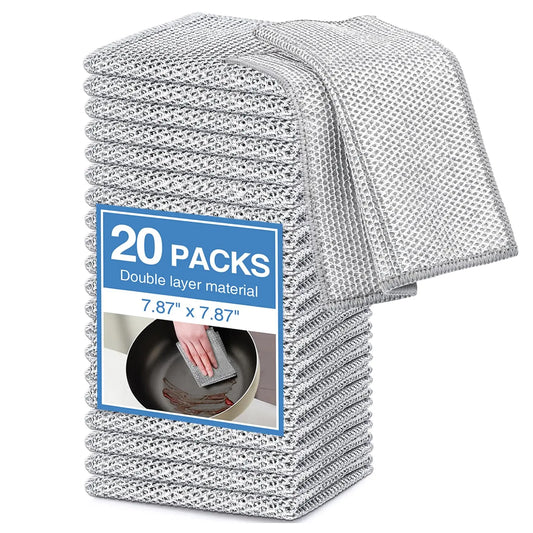 20-Count Non-Scratch Wire Dishcloths, Double-Layer Multipurpose Reusable Towels – Polyester Wiping Cloth for Kitchen Sinks, Pans, Washable Durable Cleaning Supplies for Wet & Dry Use, Housekeeping Essentials