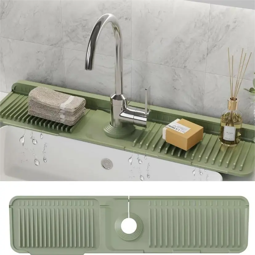 Kitchen Sink Silicone Folding Faucet Mat, 24 Inch Splash Guard, 6° Slope Water Draining Mat, Bathroom Sink Protector,  Sink Accessories for Kitchen Household Items Cleaners,Gray Silicone Fasten Button Mat, Water Flow Control for Kitchen and Bath