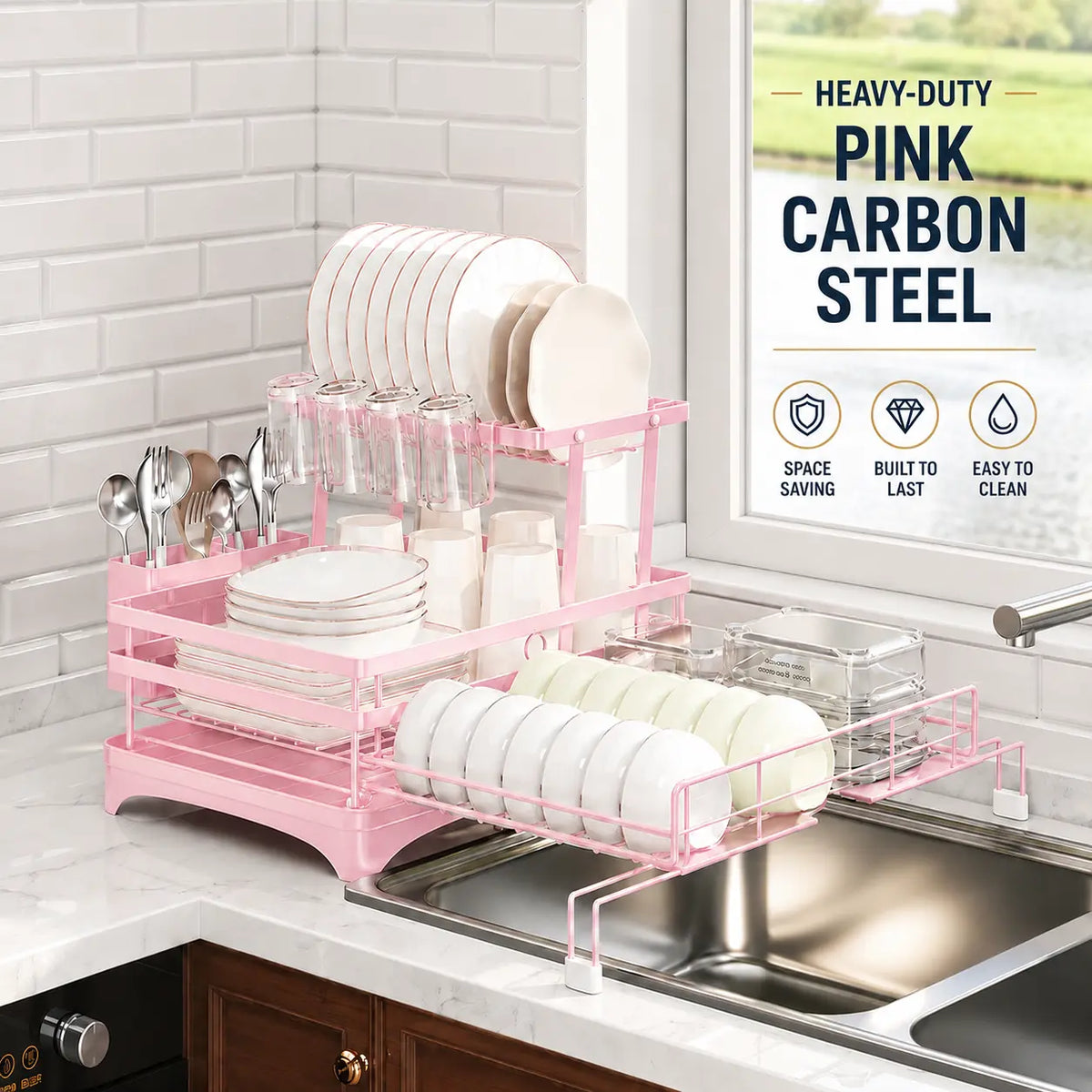 Foldable Expandable Over Sink Dish Drying Rack, Heavy-Duty Carbon Steel Space-Saving Kitchen Organizer for Plates, Bowls & Utensils, Small Kitchens