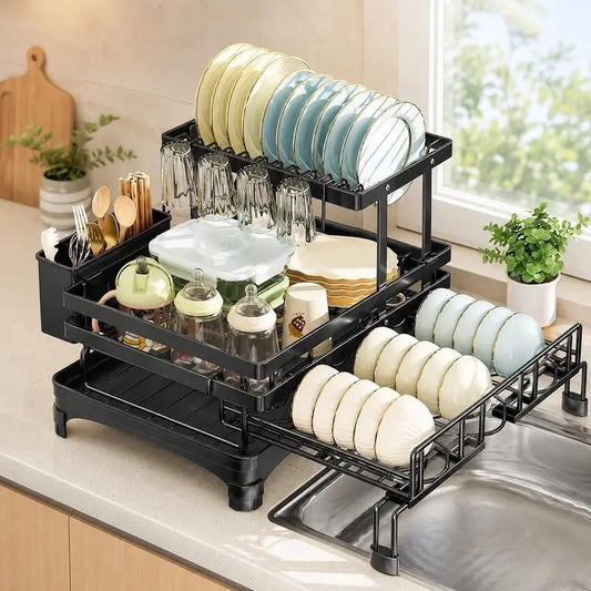 Foldable Sink Drainer Rack, Pull-Out Dual Layer, Space-Saving Kitchen Organizer, Perfect for Small Kitchens, Thanksgiving & Christmas, Metal Dish Drainers