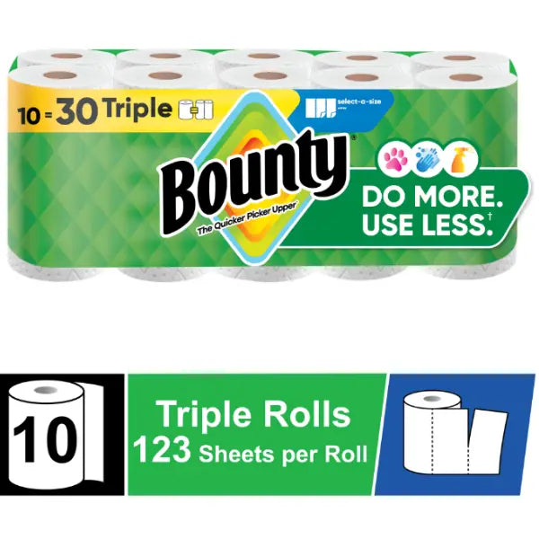Paper Towels Select-A-Size, 10 Triple Rolls, White, 123 Sheets Per Roll, Absorbent Kitchen Paper Towels