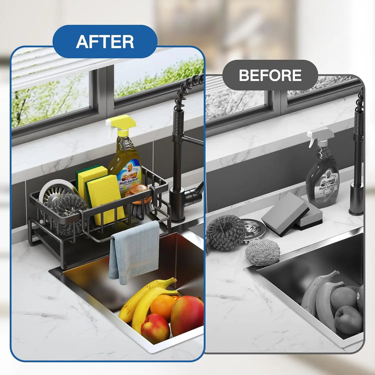 304 Stainless Steel Kitchen Sink Organiser - Hangable Dish Drying Organiser with Sponge Holder, Soap Dish, Dishcloth Hanger, Rustproof Countertop Home Storage Accessory (Black, Dry Sponge Stays Cleaner)
