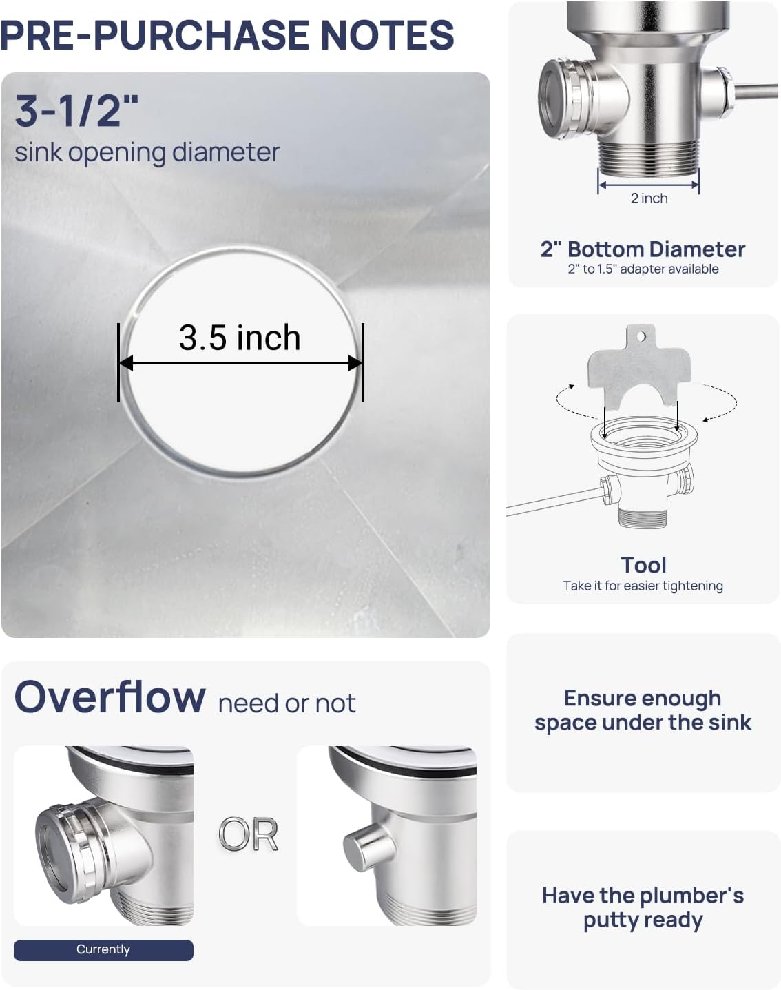 3-1/2" Commercial Sink Drain with Overflow, Twist Handle Waste Drain Valve