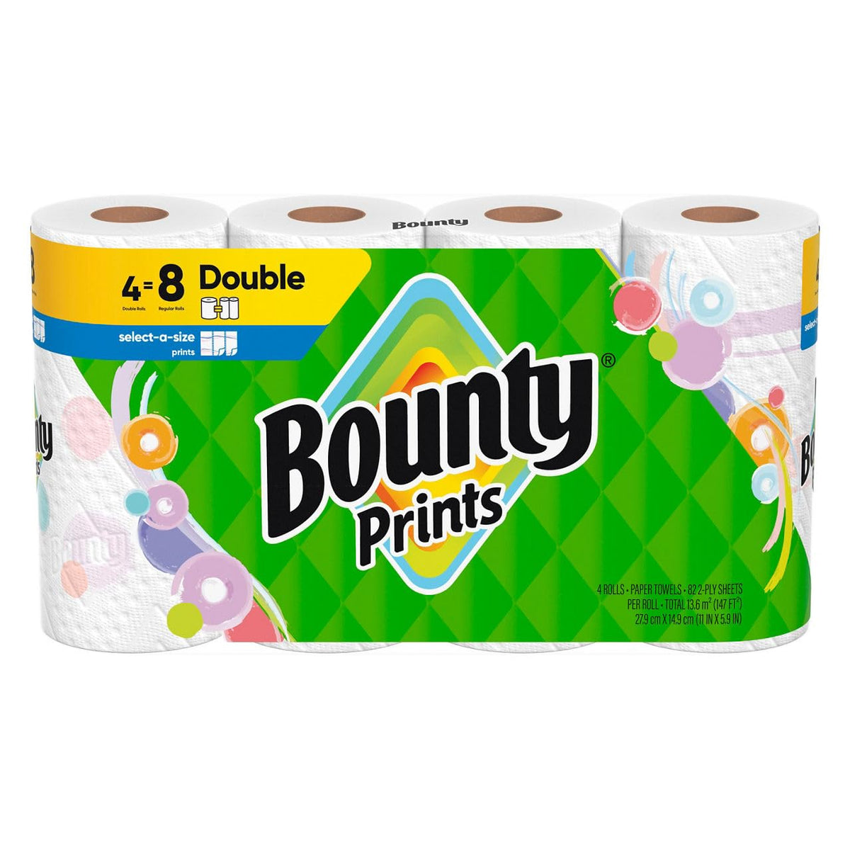 Bounty, Paper Towels 4 Double Select-A-Size Printed Rolls, 4 Count