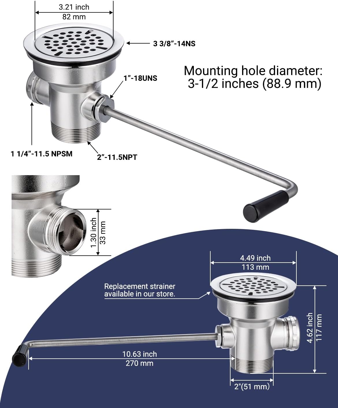3-1/2" Commercial Sink Drain with Overflow, Twist Handle Waste Drain Valve
