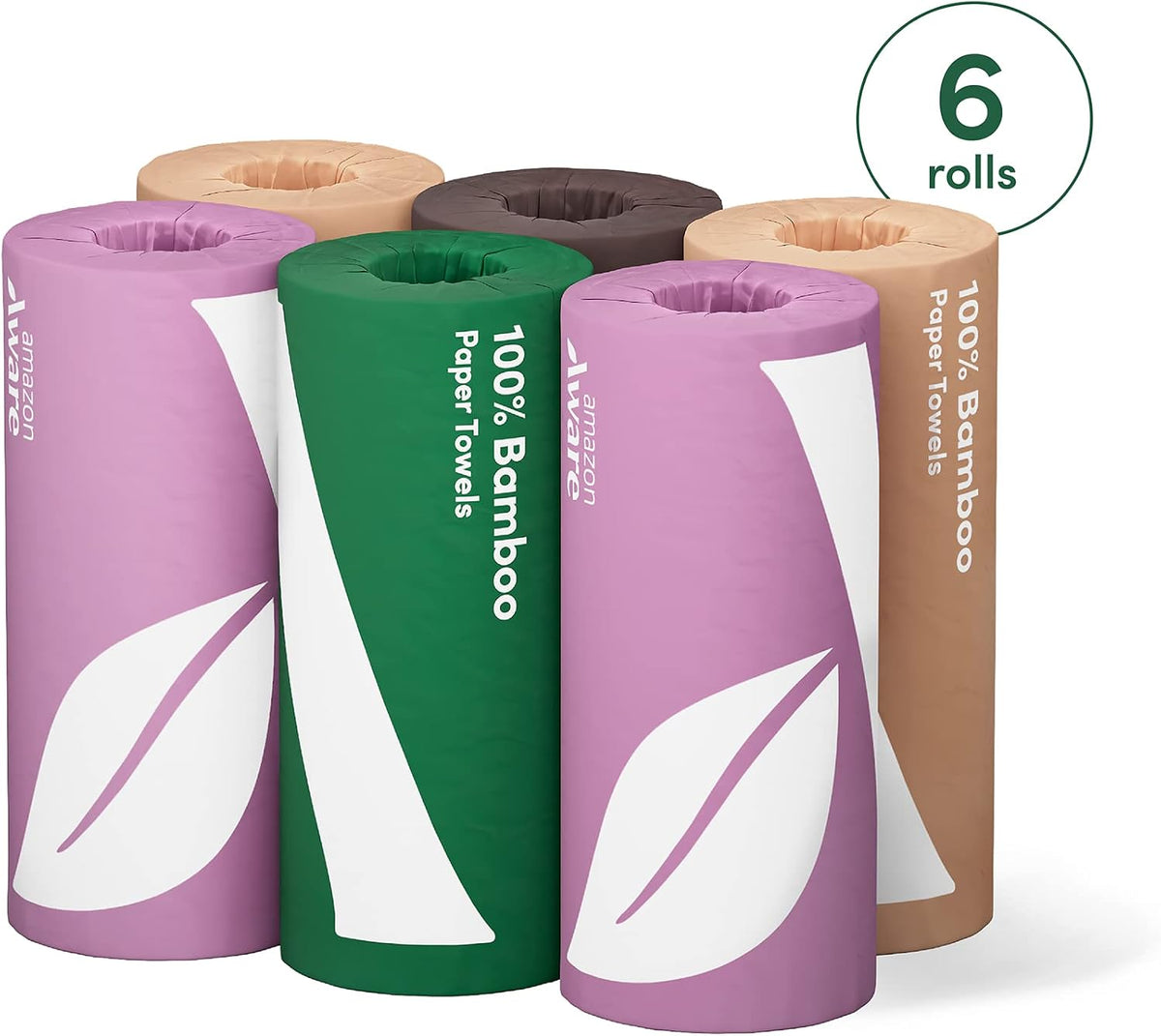 Amazon Aware Bamboo Paper Towels, 6 Rolls, 2 ply, FSC Certified, 150 Sheets, 900 Count, Plastic-Free, Multicolor