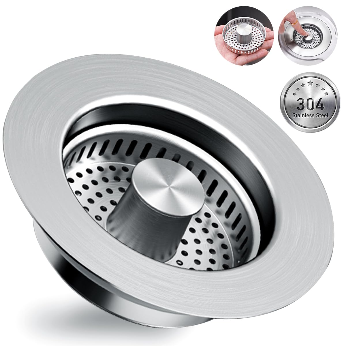 3 in 1 Kitchen Sink Drain Strainer [304 Stainless Steel Pop Up] Anti-Clogging Kitchen Sink Drain Stopper Stainless Steel Efficiently Drainage Odor Filter Sink Plug for Us Standard 3-1/2 Inch
