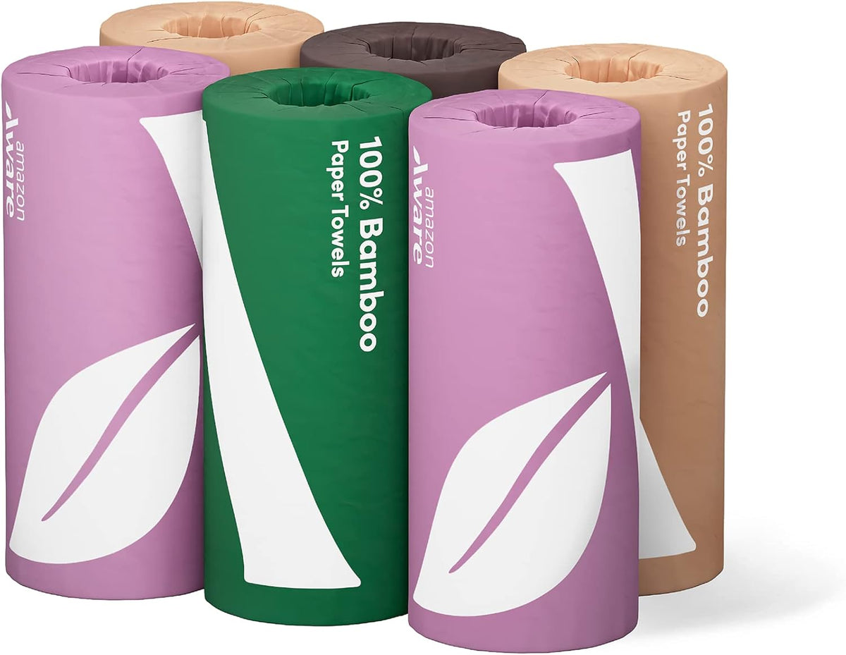 Amazon Aware Bamboo Paper Towels, 6 Rolls, 2 ply, FSC Certified, 150 Sheets, 900 Count, Plastic-Free, Multicolor