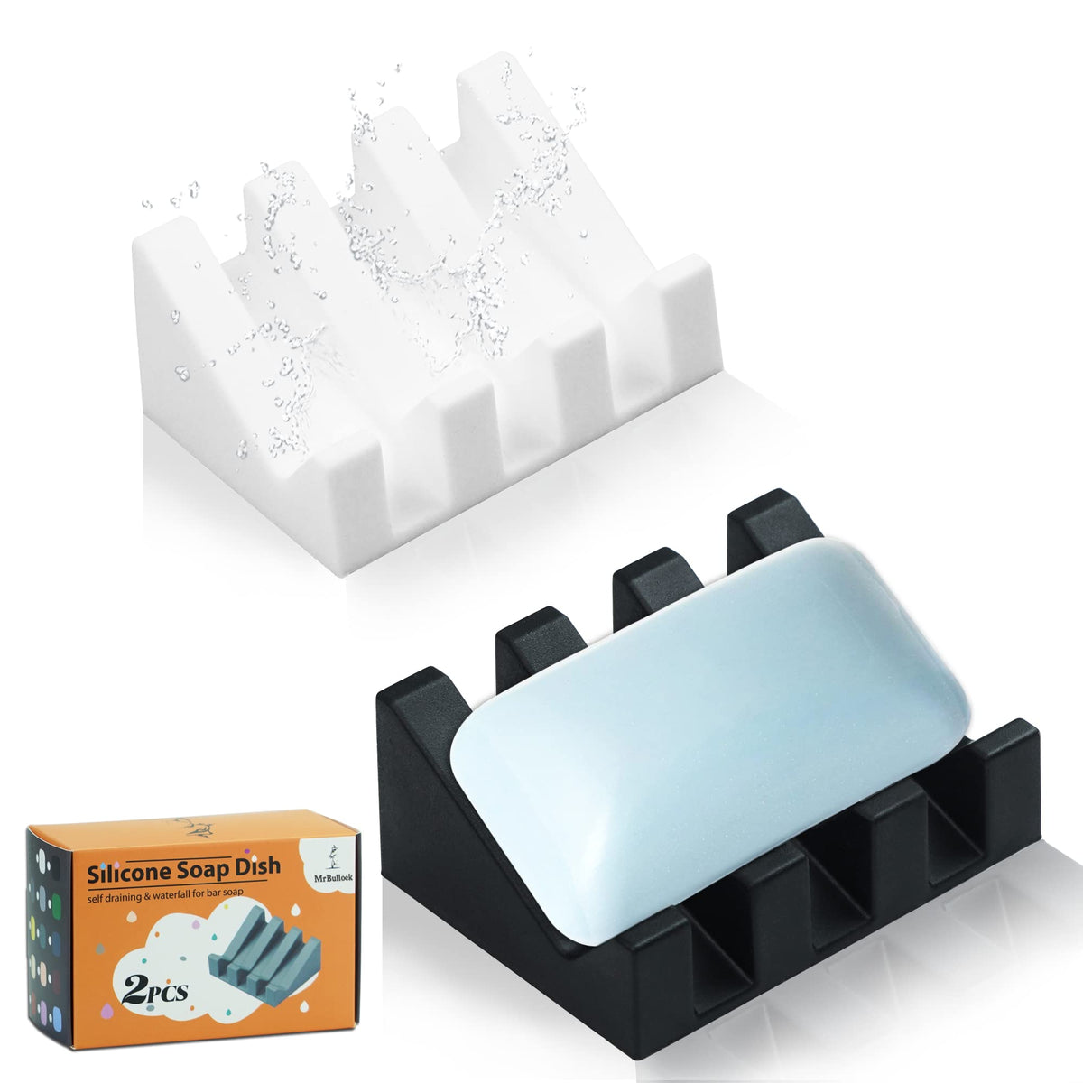 Self Draining Silicone Soap Dish Holder Waterfall Tray, 2 Pack Black