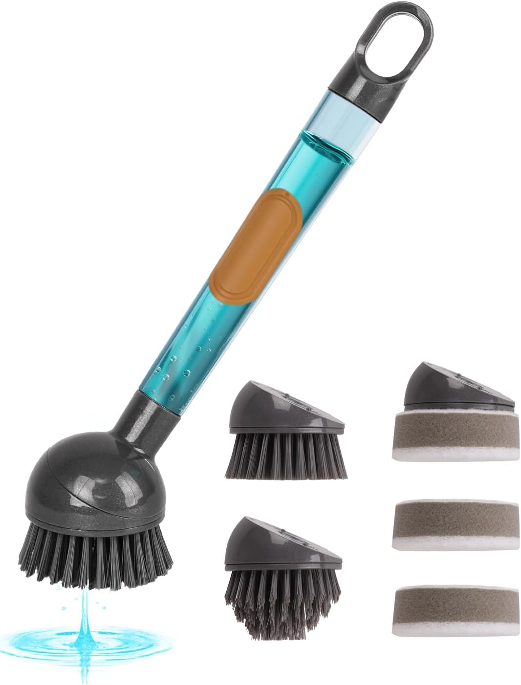Soap Dispensing Dish Brush with Handle, 360° Rotating Head, 5-Piece Kitchen Cleaning Set (2 Brush Heads & 3 Sponges), Non-Scratch Scrubber for Pot, Pan, Sink, Leak-Proof Dishwand, Grey