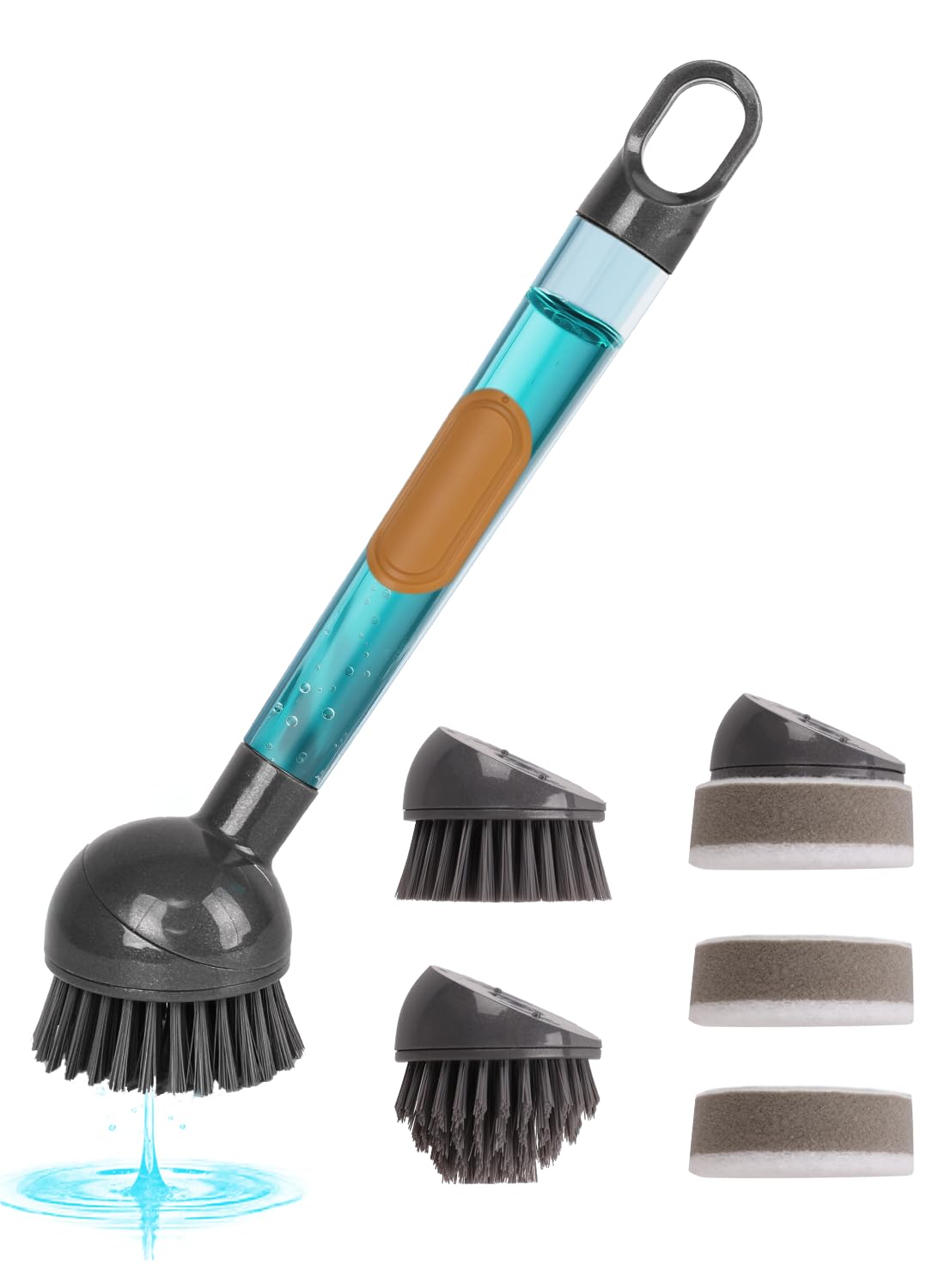 Soap Dispensing Dish Brush with Handle, 360° Rotating Head, 5-Piece Kitchen Cleaning Set (2 Brush Heads & 3 Sponges), Non-Scratch Scrubber for Pot, Pan, Sink, Leak-Proof Dishwand, Grey