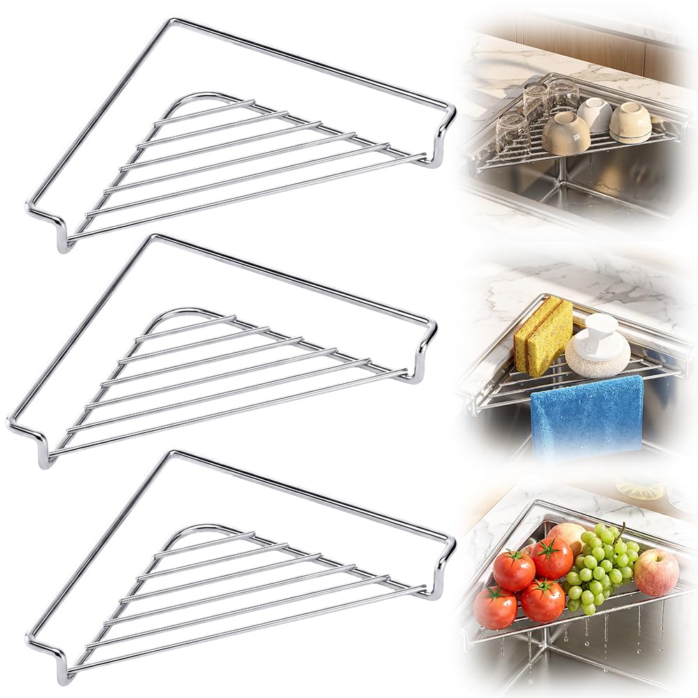 YAUNJI Stainless Steel Corner Sink Shelf, 2026 New Stainless Steel Corner Sink Drying Rack for Home Kitchen, Triangular Drying Rack for Organizer Storage Sponge Holder Cloth Brush (1)