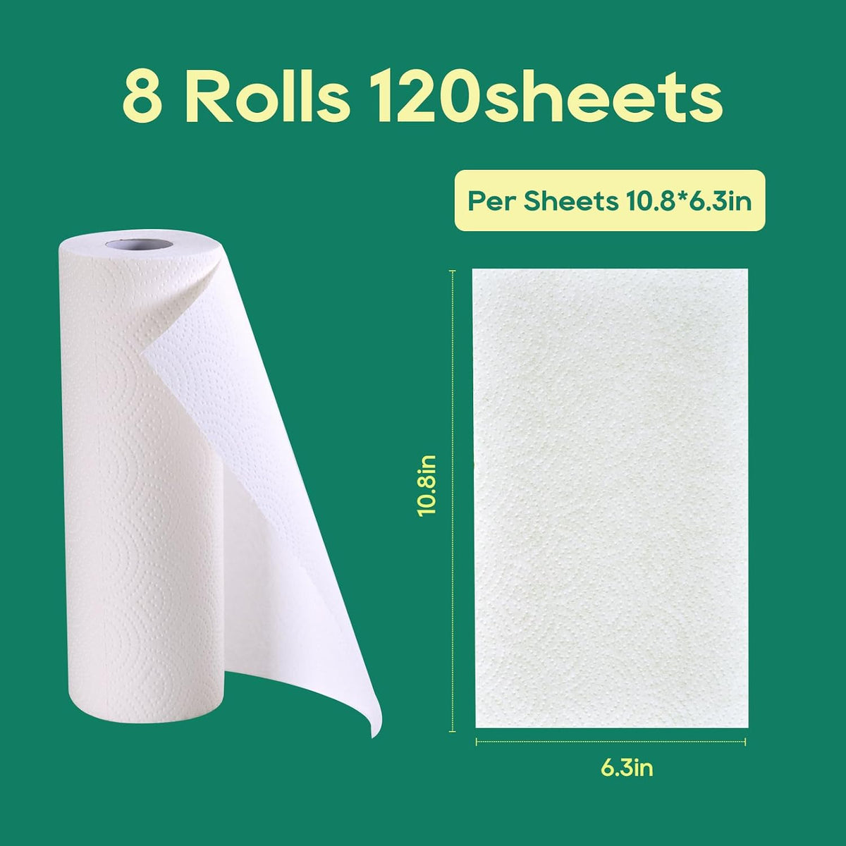 ECOlipak Bamboo Paper Towels - 8 Rolls, 2 Ply 120 Sheets- Plastic Free, Tree Free, Compostable, Disposable Kitchen Paper Towels, Soft and Absorbent, PFAS Free, White