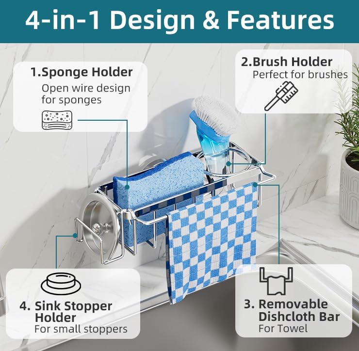 TAILI 4-in-1 Sink Caddy for Kitchen Sink with Strong Suction Cup-Silver