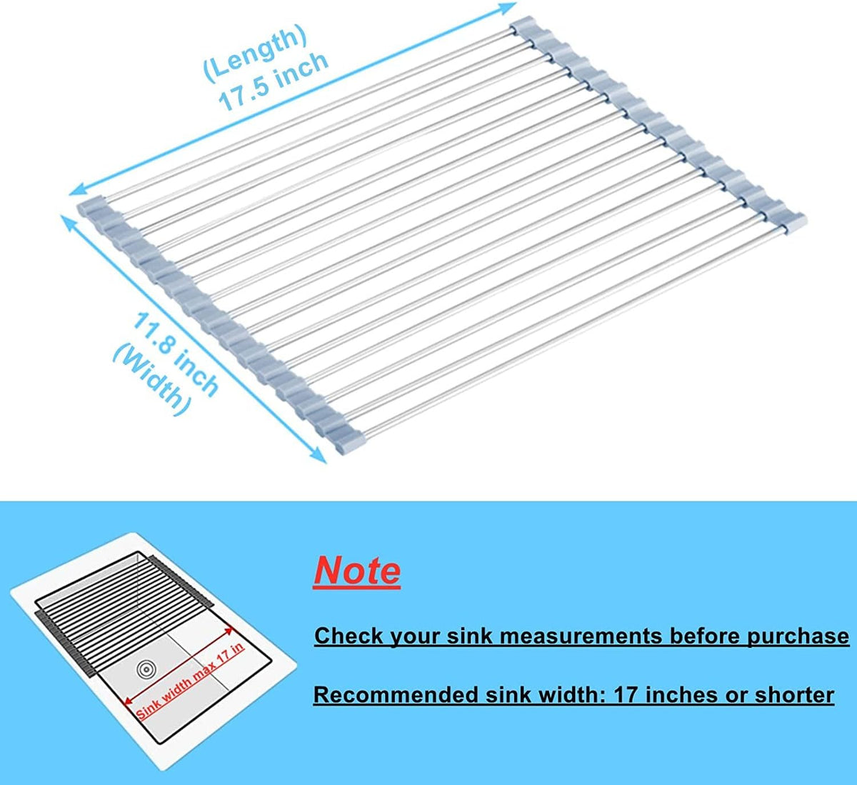 Seropy Roll Up Dish Drying Rack, Over the Sink Dish Drying Rack Kitchen Rolling Dish Drainer, Foldable Sink Rack Mat Stainless Steel Wire Dish Drying Rack for Kitchen Sink Counter Storage 17.5x11.8
