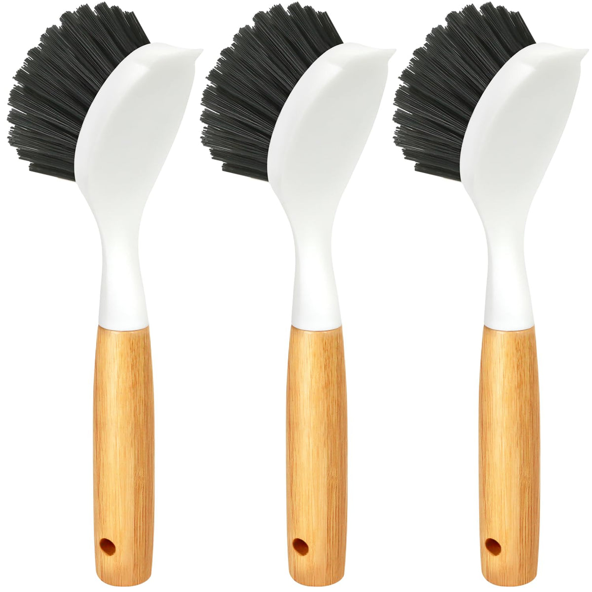 Holikme 3 Pack Dish Brush with Bamboo Handle Cleaning Brush,White Black