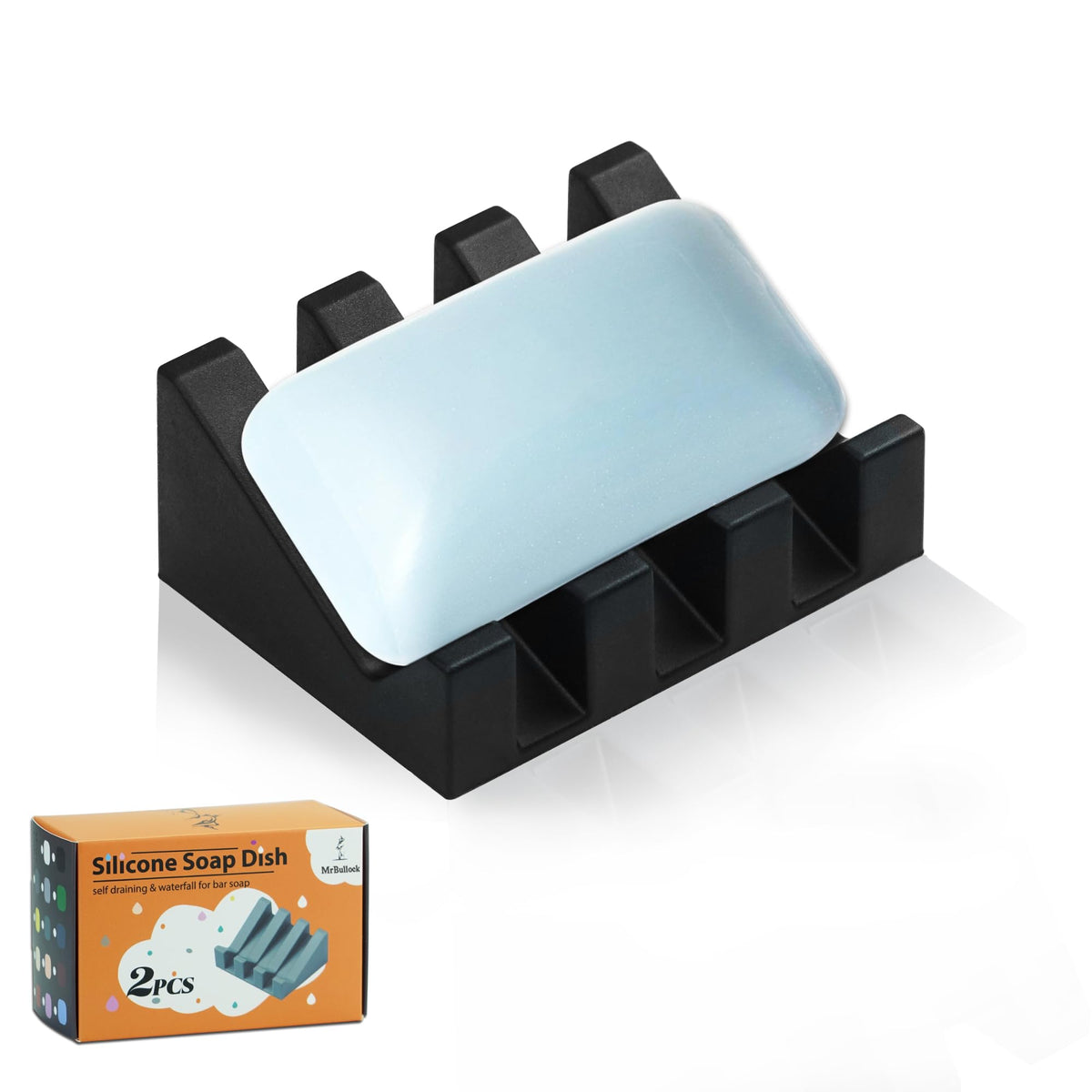 Self Draining Silicone Soap Dish Holder Waterfall Tray, 2 Pack Black