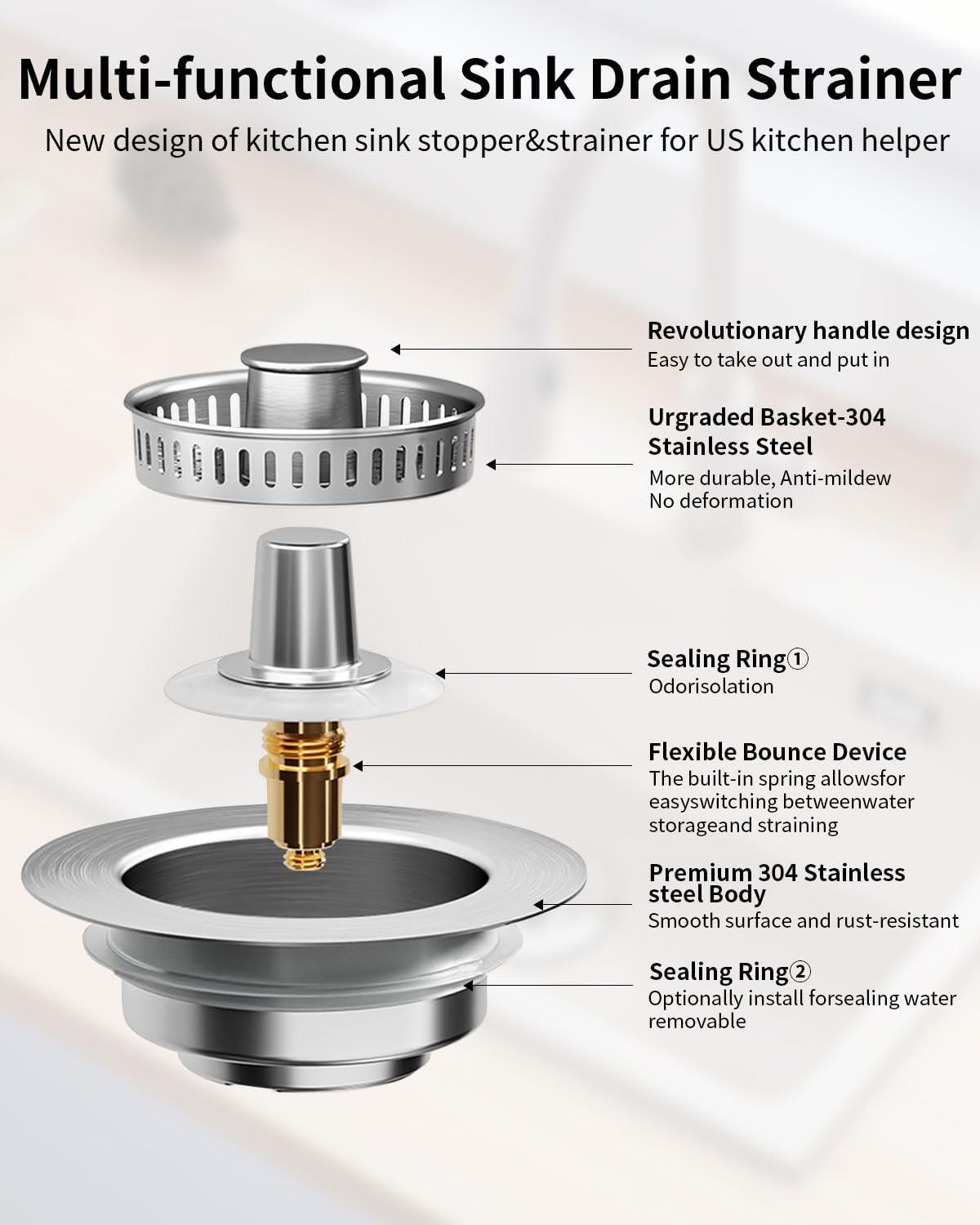 3 in 1 Kitchen Sink Drain Strainer [304 Stainless Steel Pop Up] Anti-Clogging Kitchen Sink Drain Stopper Stainless Steel Efficiently Drainage Odor Filter Sink Plug for Us Standard 3-1/2 Inch