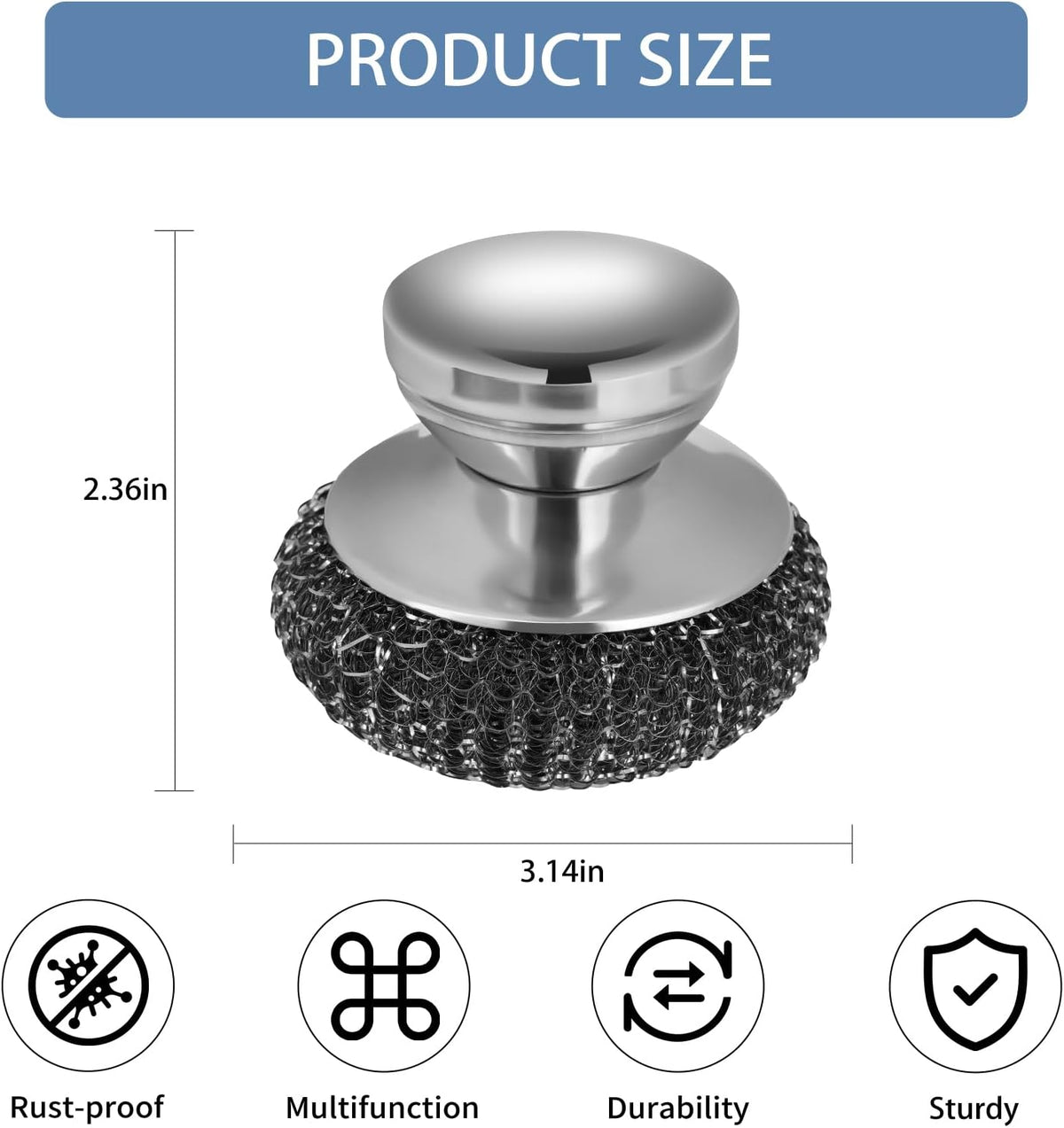 4Pcs Steel Wool Scrubber Set, Stainless Steel Scrubber with Stainless Steel Handle, for Cleaning Dishes, Cast Iron, Stock Pots, Pans, Griddles, Grills