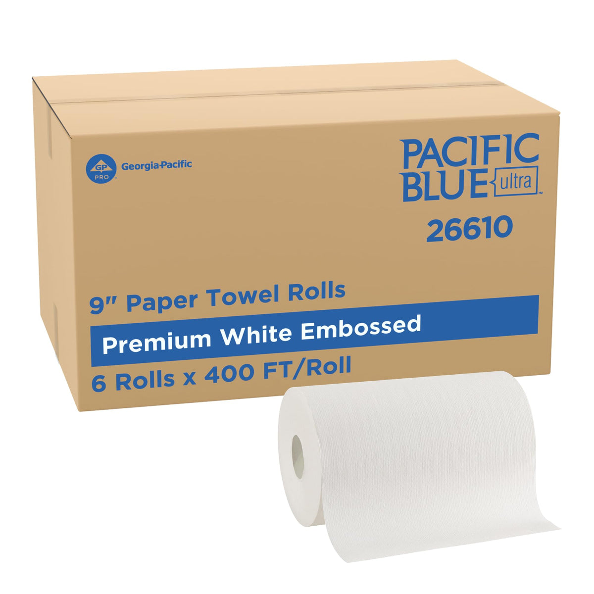 Pacific Blue Ultra by Georgia-Pacific PRO 9” Paper Towel Rolls, White, 400 Feet Per Roll, 6 Rolls Per Case, 26610