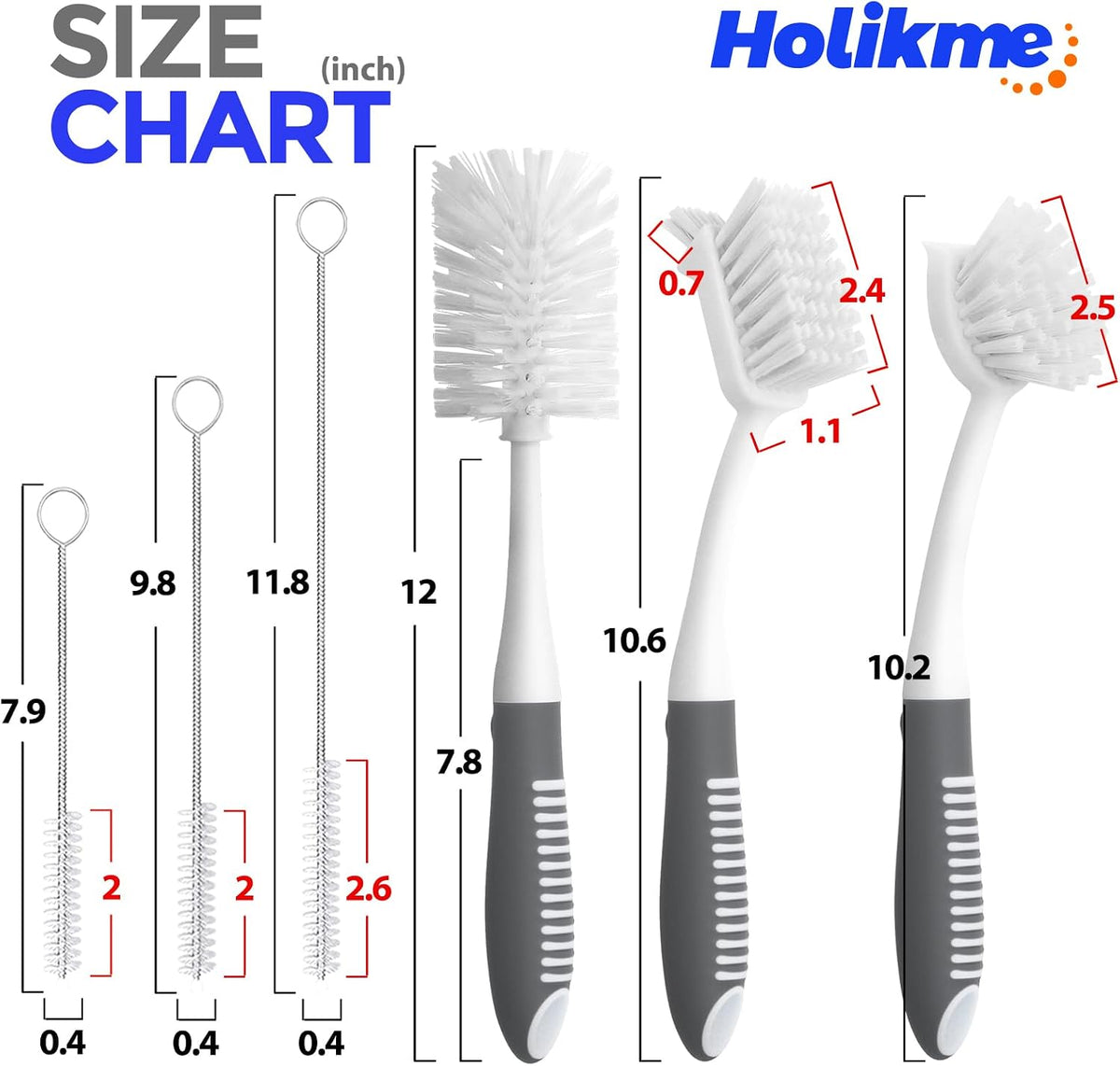 Holikme 6 Pack Dish Brush Set with Bottle Brush, Dish Scrub Brush,Gray