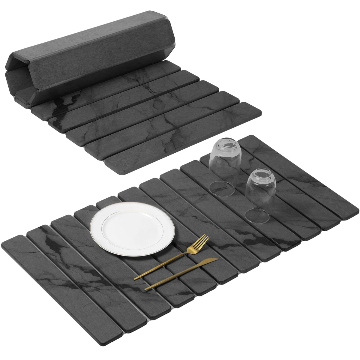Large Stone Dish Drying Mat for Kitchen Counter, Quick Dry Stone Dishes/Bath Mats,Foldable Water Absorbing Diatomaceous Earth Drying Organizer Pad for Plate Rack Bottles Utensils(Dark Gray 24"×16")